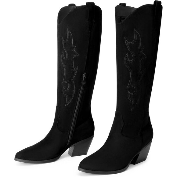 Women's Black Western Cowgirl Boots Knee High Pointed Toe Chunky Block Heel - Picture 7 of 8